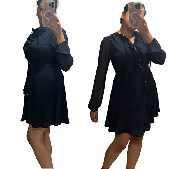 EXPRESS Long Sleeve Ruffled Chiffon Cobalt Blue Dress Sz 10 - Picture 7 of 7